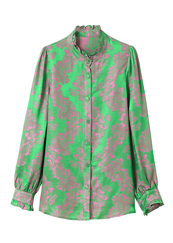 Vintage grün Stehkragen Knopf Rüschen Jacquard Seide Shirt Top Langarm