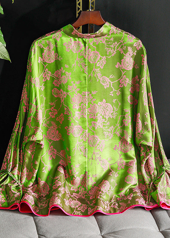 Vintage Green Stand Collar Chinese Button Patchwork Jacquard Silk Shirt Long Sleeve