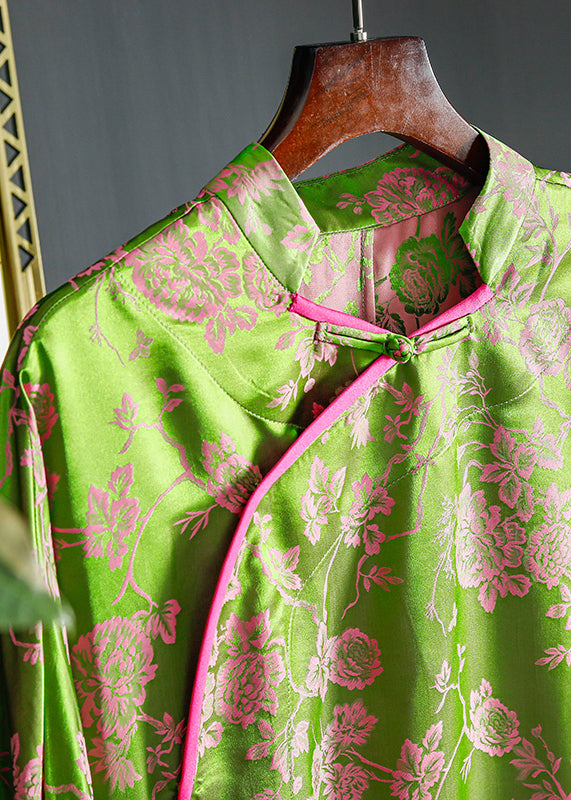Vintage grün Stehkragen chinesischen Knopf Patchwork Jacquard Seidenhemd Langarm
