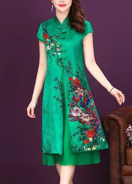 Vintage Green Stand Collar Chinese Button Patchwork Silk Dress Summer