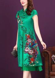Vintage Green Stand Collar Chinese Button Patchwork Silk Dress Summer