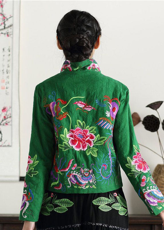 Vintage Green Stand Collar Embroidered Cotton Jacket Fall