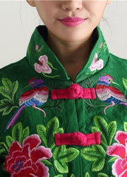 Vintage Green Stand Collar Embroidered Cotton Jacket Fall