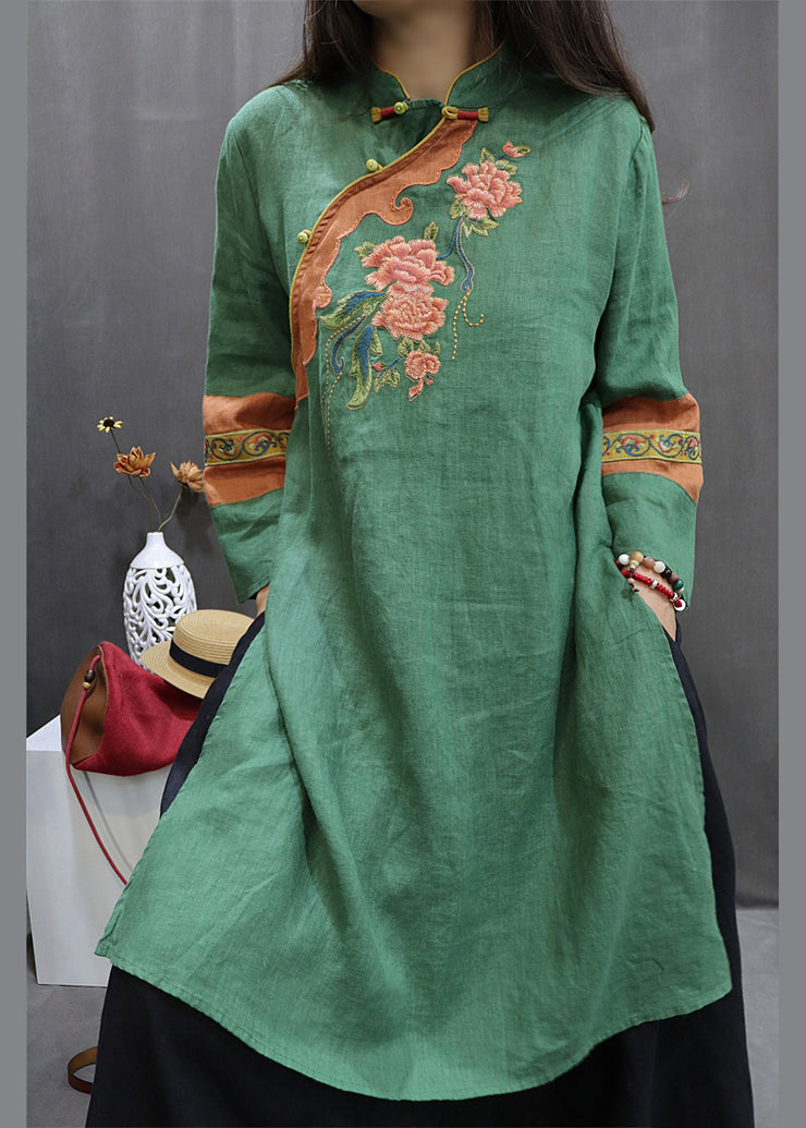 Vintage Green Stand Collar Embroideried Linen Holiday Dress Spring
