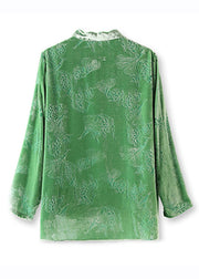 Vintage Green Stand Collar Low High Design Silk Velour Tops Long Sleeve