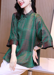 Vintage Green Stand Collar Oriental Button Plaid Jacquard Silk Shirt Tops Bracelet Sleeve