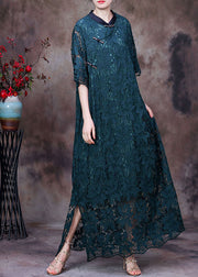Vintage Green Stand Collar Patchwork Side Open Lace Long Dresses Half Sleeve