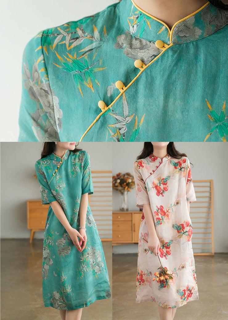 Vintage Green Stand Collar Print Cotton Cheongsam Dress Short Sleeve