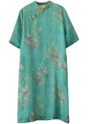 Vintage Green Stand Collar Print Cotton Cheongsam Dress Short Sleeve