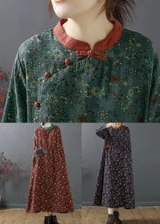 Vintage Green Stand Collar Print Patchwork Cotton Dress Fall