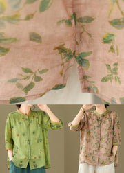 Vintage Green Stand Collar Print Patchwork Linen Top Summer
