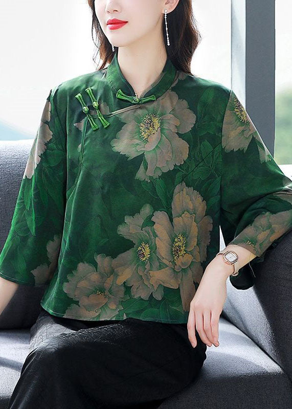 Vintage Green Stand Collar Print Patchwork Silk Shirt Spring