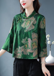 Vintage Green Stand Collar Print Patchwork Silk Shirt Spring