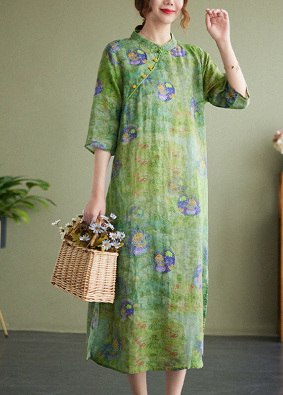 Vintage grün Stehkragen Print Seite offen Baumwolle Leinen Cheongsam Kleid Halbarm
