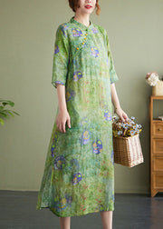 Vintage grün Stehkragen Print Seite offen Baumwolle Leinen Cheongsam Kleid Halbarm