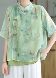 Vintage Green Stand Collar Tasseled Patchwork Cotton Shirt Tops Summer