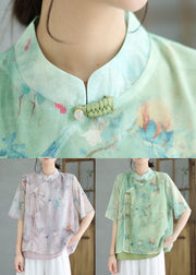 Vintage Green Stand Collar Tasseled Patchwork Cotton Shirt Tops Summer