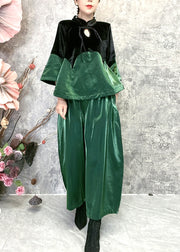 Vintage Green Stand Collar Tasseled Patchwork Velour Two Piece Set Spring