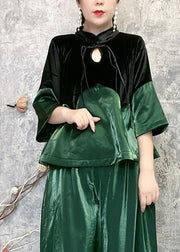 Vintage Green Stand Collar Tasseled Patchwork Velour Two Piece Set Spring