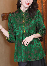 Vintage Green Stand Collar Wrinkled Jacquard Silk Shirt Tops Bracelet Sleeve