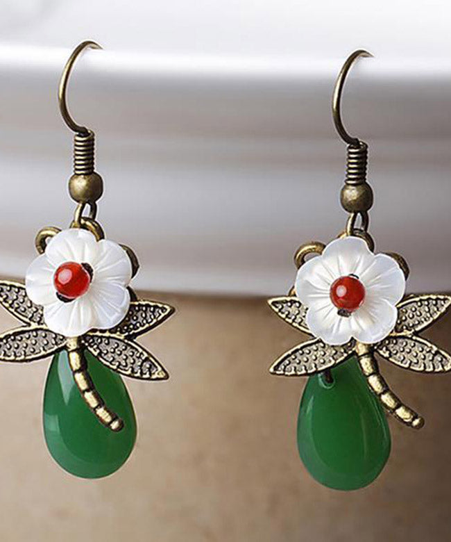 Vintage Green Sterling Silver Agate Shell Flower Cloured Glaze Dragonfly Drop Earrings