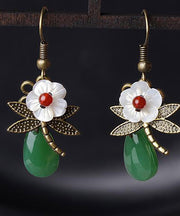Vintage Green Sterling Silver Agate Shell Flower Cloured Glaze Dragonfly Drop Earrings