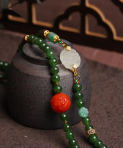 Vintage Green Sterling Silver Overgild Agate Jade Ping Buckle Pendant Necklace