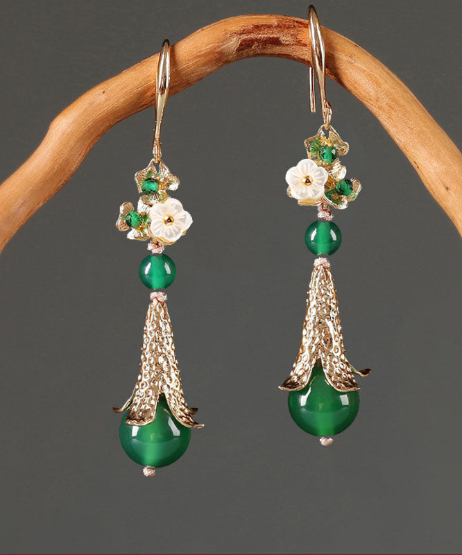 Vintage Green Sterling Silver Overgild Jade Agate Shell Flower Drop Earrings