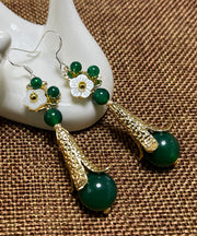 Vintage Green Sterling Silver Overgild Jade Agate Shell Flower Drop Earrings