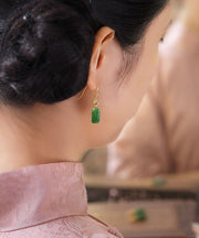 Vintage Green Sterling Silver Square Jade Drop Earrings