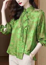 Vintage Green Tasseled Chinese Button Jacquard Patchwork Silk Shirt Spring