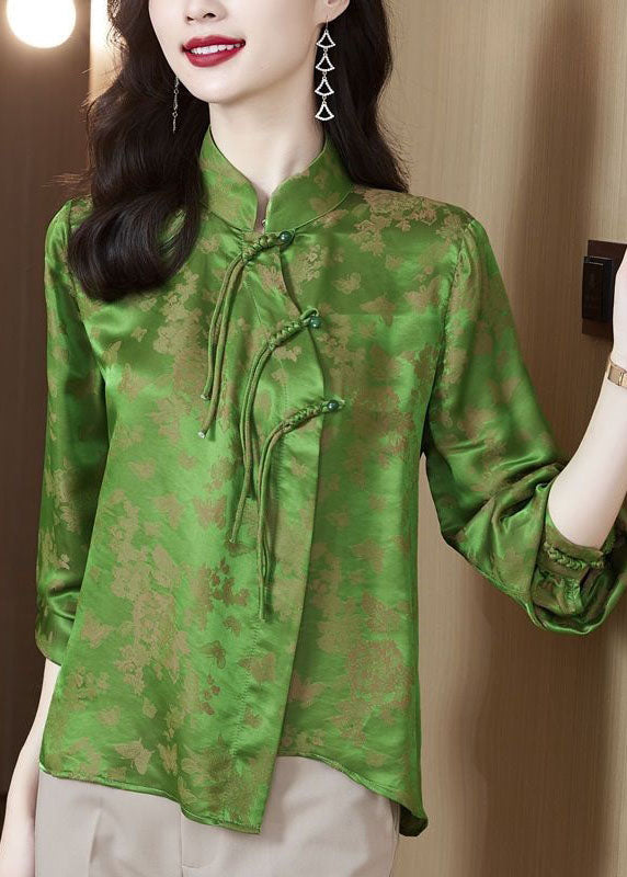 Vintage Green Tasseled Chinese Button Jacquard Patchwork Silk Shirt Spring