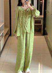 Vintage Green Tasseled Patchwork Ice Silk Two Pieces Set Pajamas Spring