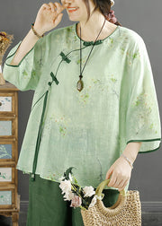 Vintage Green Tasseled Print Linen Shirt Spring