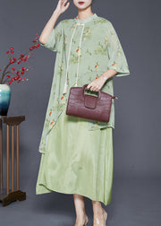 Vintage Green Tasseled Print Silk Long Dresses Summer