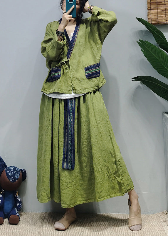 Vintage Green V Neck Linen Shirt Top Loose Skirt Sets Two Pieces Long Sleeve