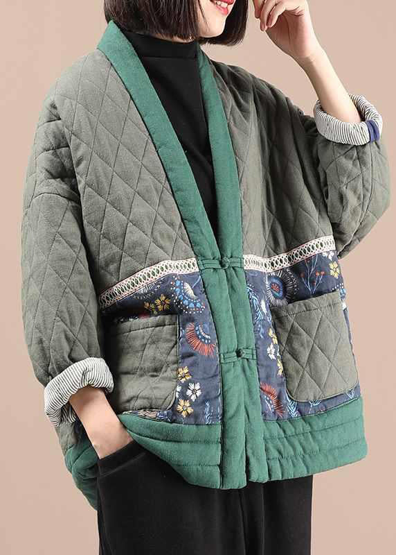 Vintage Green V Neck Pockets Fine Cotton Filled Jacket Winter