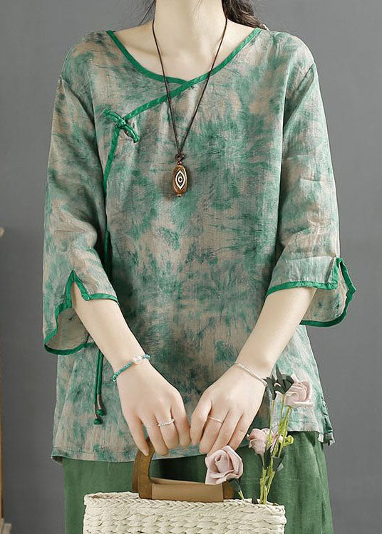 Vintage Green V Neck Tasseled Print Patchwork Linen Tops Summer