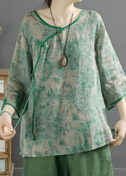 Vintage Green V Neck Tasseled Print Patchwork Linen Tops Summer