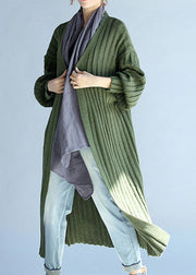 Vintage Green V Neck lantern sleeve Fall Knit Long sweaters Coat