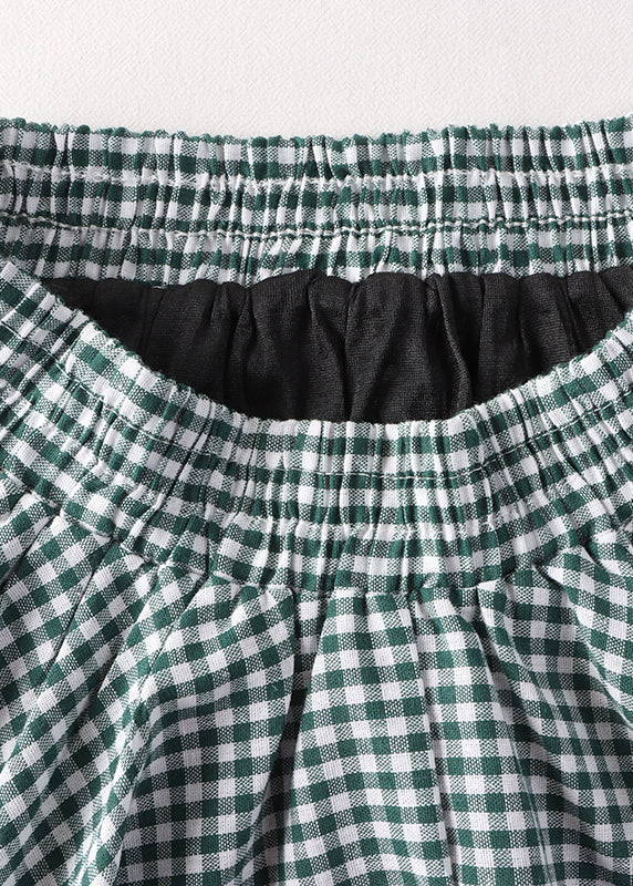 Vintage Green White Plaid Asymmetrical High Waist Cotton A Line Skirt Fall