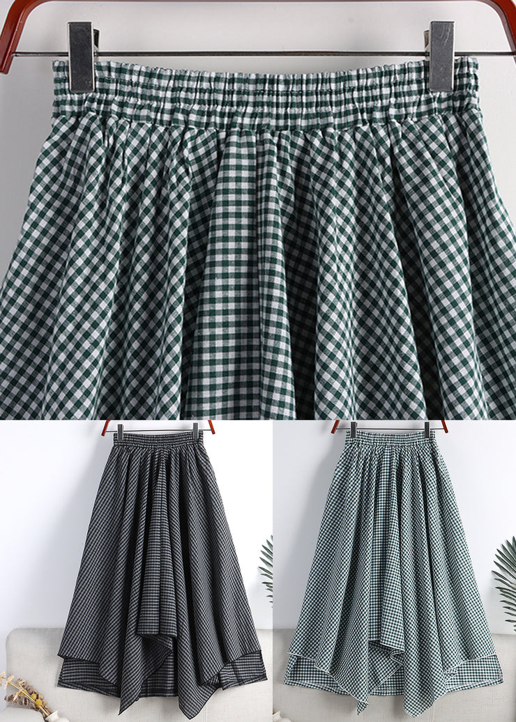 Vintage grün weiß kariert asymmetrische hohe Taille Baumwolle A-Linie Rock Herbst
