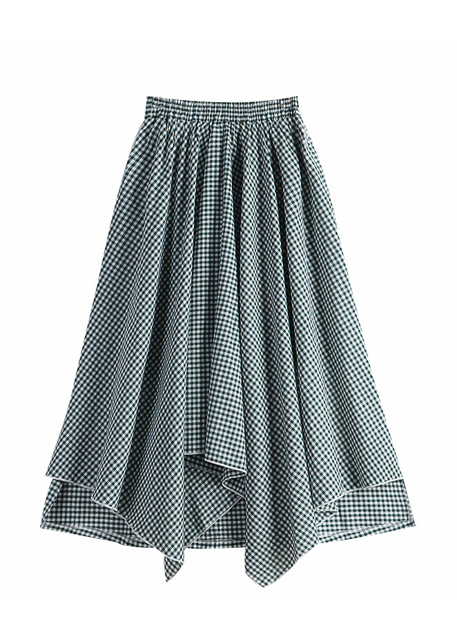 Vintage Green White Plaid Asymmetrical High Waist Cotton A Line Skirt Fall