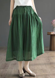 Vintage Green Wrinkled Elastic Waist Patchwork Cotton Skirt Summer