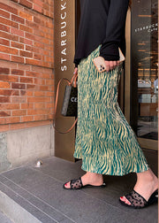 Vintage Green Wrinkled Striped Silk Skirt Summer