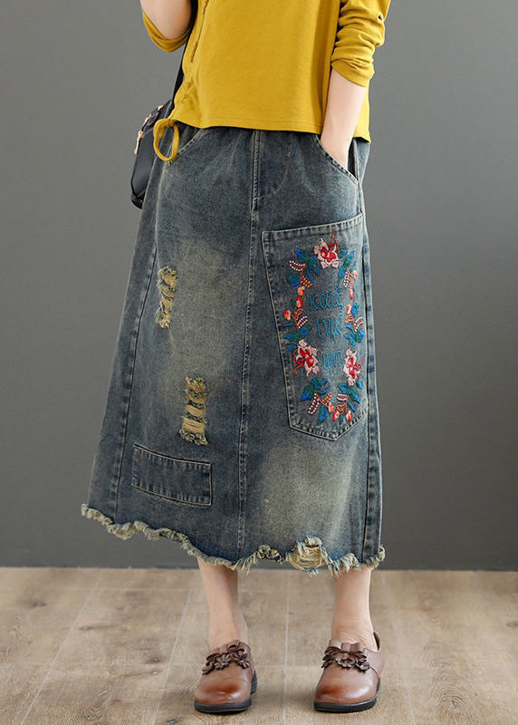 Vintage Grey Asymmetrical Embroidered Patchwork High Waist Denim Maxi Skirts Summer