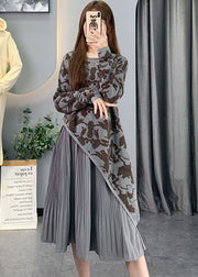 Vintage Grey Asymmetrical Patchwork Knit Long Dresses Spring