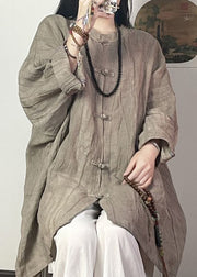 Vintage Grey Brown Stand Collar Chinese Button Linen Shirt Top Fall