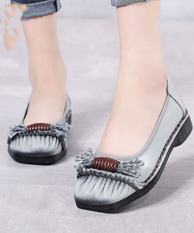 Vintage Grey Cowhide Leather Flat Shoes Splicing Flat Shoes