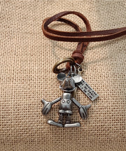 Vintage Grey Faux Leather Robot Pendant Necklace